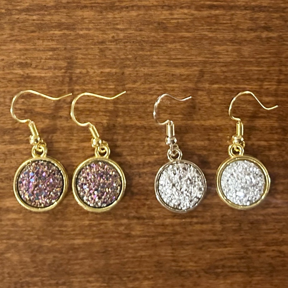 Silver-tone Simulated Druzy Dangle Earrings - 2 Pairs